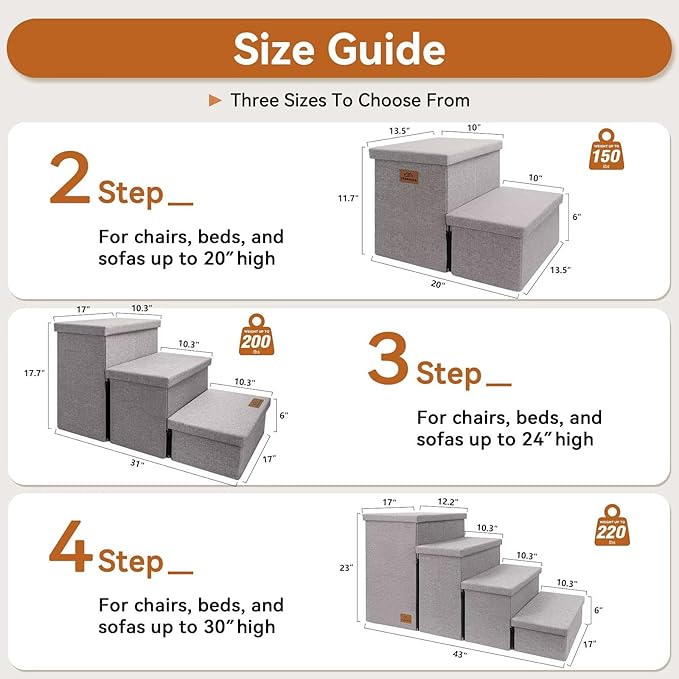 Dog Stairs with Storage 12" H, 2-Step Wider Dog Steps for Dogs Cats, Folding Sturdy Pet Stairs Climbing Sofa Couch, Ramp for Car Hold Up to 150 lbs (Gray, No Condo)-PawvioPets