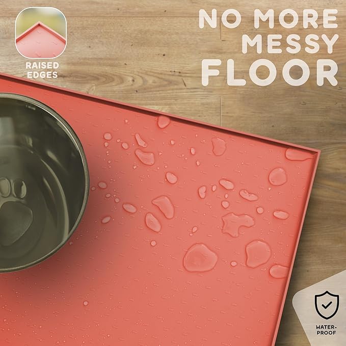 Dog Food Mat - 28x18 Raised Edges Dogs Mat for Food and Water Prevent Spill, Waterproof Cat Food Mats Protect Floors, Easy Clean Dog Bowl Mats for Food and Water, Silicone Pet Feeding Placemats-PawvioPets