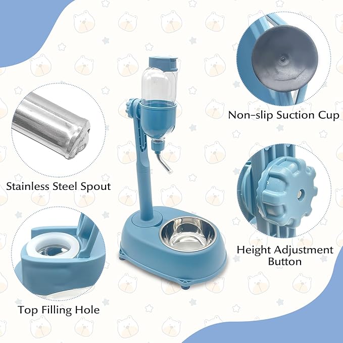 Fhiny Dog Water Feeder Bottle with Stand, Dispenser Automatic Water Food Bowl for Cage No-Drip Leak-Proof Adjustable Raised Pet Slow Water Bottle Dog Kennel Durable Drinker (Blue, 17oz)-PawvioPets