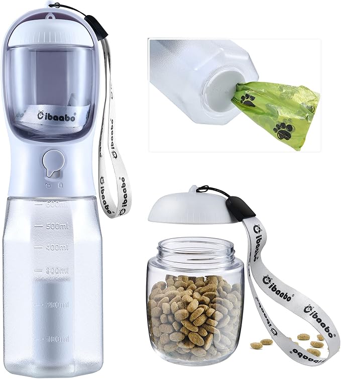 Dog Water Bottle with Food Container & Poop Bag Holder, Travel Water Bowl, Portable Pet Dispenser, Dog Stuff Accessories Items, Puppy Essentials Necessities for Yorkie Chihuahua Walking Hiking-PawvioPets