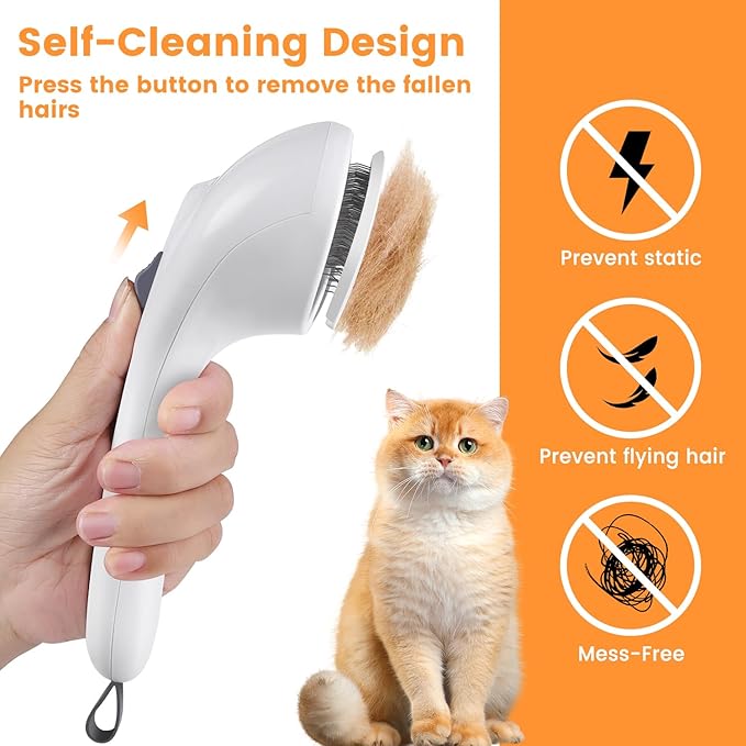 3 in 1 Cat Steam Brush for Cats & Dogs, Pet Spray Hair Removal Comb for Shedding & Grooming, Rechargeable Water Brush for Long & Short Haired Pets with Release Button(White)-PawvioPets