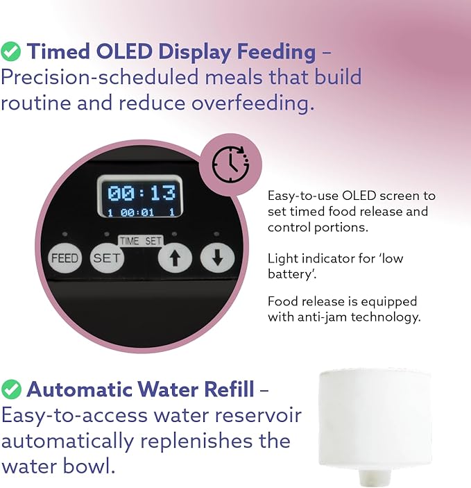 Automatic Dog & Cat Food Feeder with Water Dispenser – Smart Pet Feeder with Portion Control, OLED Display, Anti Jam Design, Battery Operated Dispenser for Medium/Large Pets - Black-PawvioPets