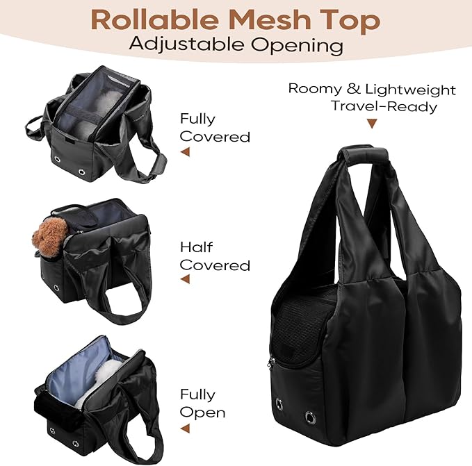 Dog Purse Carrier for Small Dogs, Cats, and Puppies – Soft-Sided Travel Pet Tote Bag with 4 Large Pockets, Foldable, Lightweight, Fits Pets up to 15 lbs, for Travel, Outings (Black)-PawvioPets
