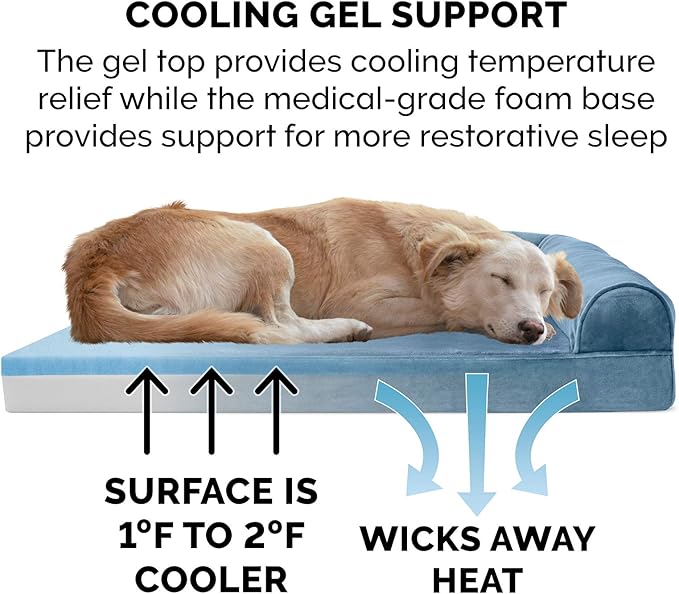 Furhaven Cooling Gel Dog Bed for Medium/Small Dogs w/ Removable Bolsters & Washable Cover, For Dogs Up to 35 lbs - Faux Fur & Velvet Sofa - Harbor Blue, Medium-PawvioPets