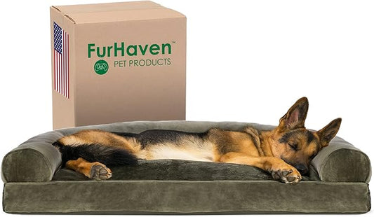 Furhaven Pillow Dog Bed for Large Dogs w/ Removable Bolsters & Washable Cover - Faux Fur & Velvet Sofa - Dark Sage, Jumbo/XL-PawvioPets