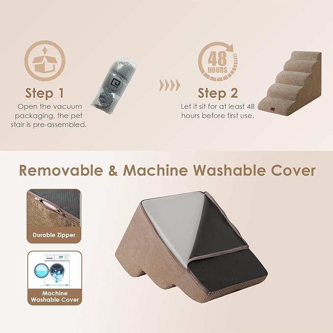 EHEYCIGA Curved Dog Stairs Ramp for High Beds 22.6" H, 5-Step Dog Steps for Small Dogs and Cats, Pet Stairs for High Bed Climbing, Non-Slip Balanced Pet Step Indoor, Camel-PawvioPets