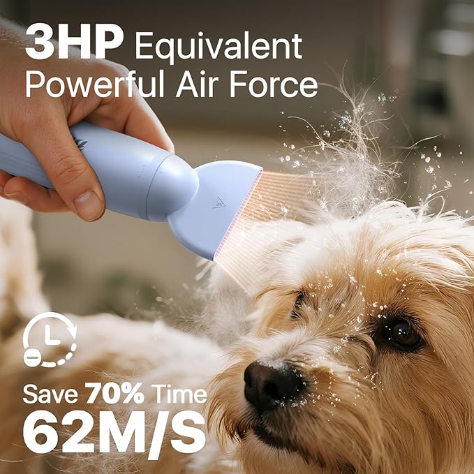 Dog Blow Dryer for Pet Grooming Handheld Lightweight Dog Cat Hair Dryer 3 Speeds 4 Temp, Portable 3HP High Velocity Pet Blower Quiet Dryer for Travel Campaign Home, with 3 Nozzles, Blue-PawvioPets