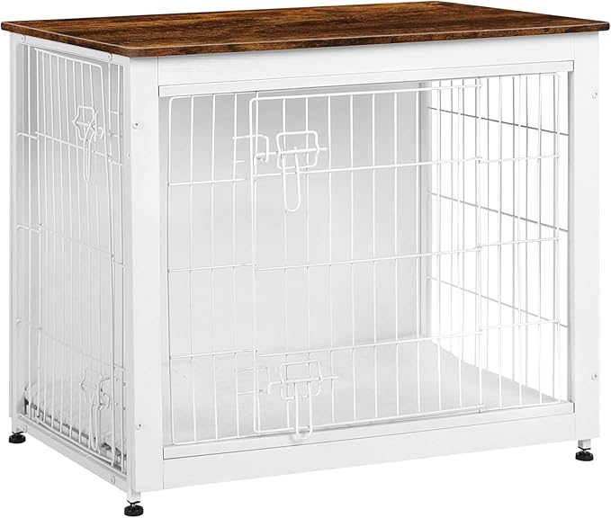 DWANTON Dog Crate Furniture with Cushion, Wooden Kennel Table with Double Doors, Indoor Dog House, Medium Size, 32.5" L, White+Rustic Brown-PawvioPets