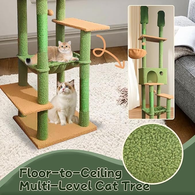 96.5"-108" Cat Tree Floor to Ceiling 7-Tier Cat Tower Adjustable Height with Scratching Posts, Cozy Hammock, Cat Condo for Indoor Cats(Green)-PawvioPets