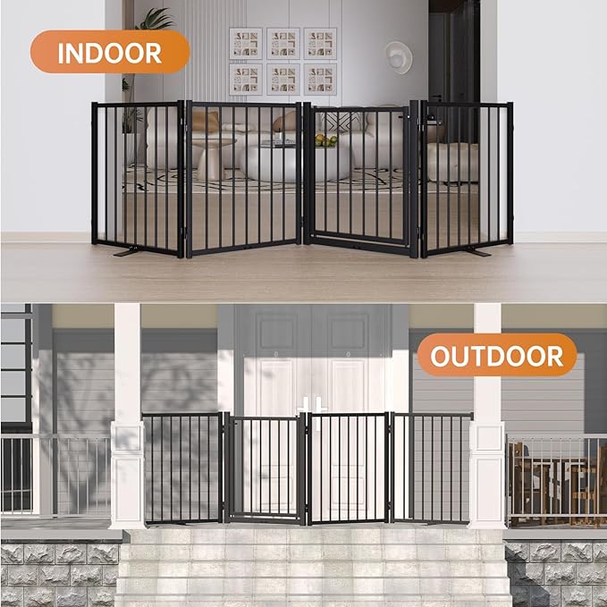 Full Metal Freestanding Dog Gate with Door, 24'' Height Foldable Pet Dog Fence for Indoor & Outdoor, 6 Panels Extra Wide Free Standing SmallDog Gates for Doorways,House,Stairs,Porch,Deck,Yard-PawvioPets
