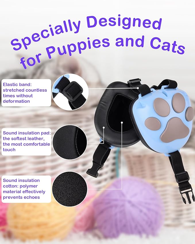 Calming Earmuffs for Cats and Small Dogs - for Anxiety Relief - Noise Canceling for Fireworks, Thunderstorms, Pet Grooming & Force Drying - Dog Ear Muffs Noise Protection (Blue, Small)-PawvioPets