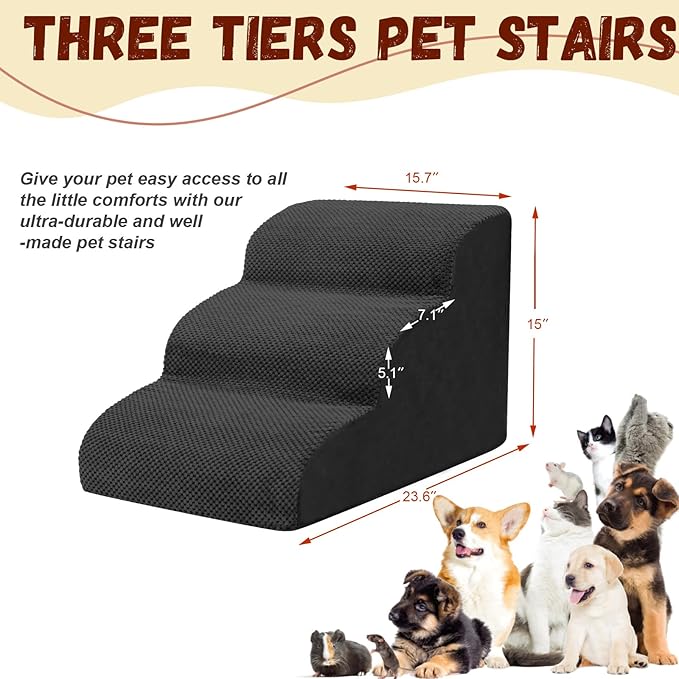 Dog Stairs for Small Dogs - High Density Foam Pet Steps, Extra Wide Dog Ramp with Non-Slip Bottom for High Beds, Couch and Sofa, Best for Dogs Injured, Older Doggy Cats,3 Steps, Black-PawvioPets