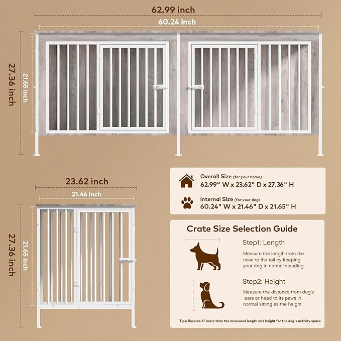 63 Inch Dog Cage Furniture for 2 Large/Medium Dogs with Removable Divider, Extra Large Double Doors Dog Kennel, XXL Thick Wooden Dog cage Furniture, Durable and Sturdy, Beige-PawvioPets