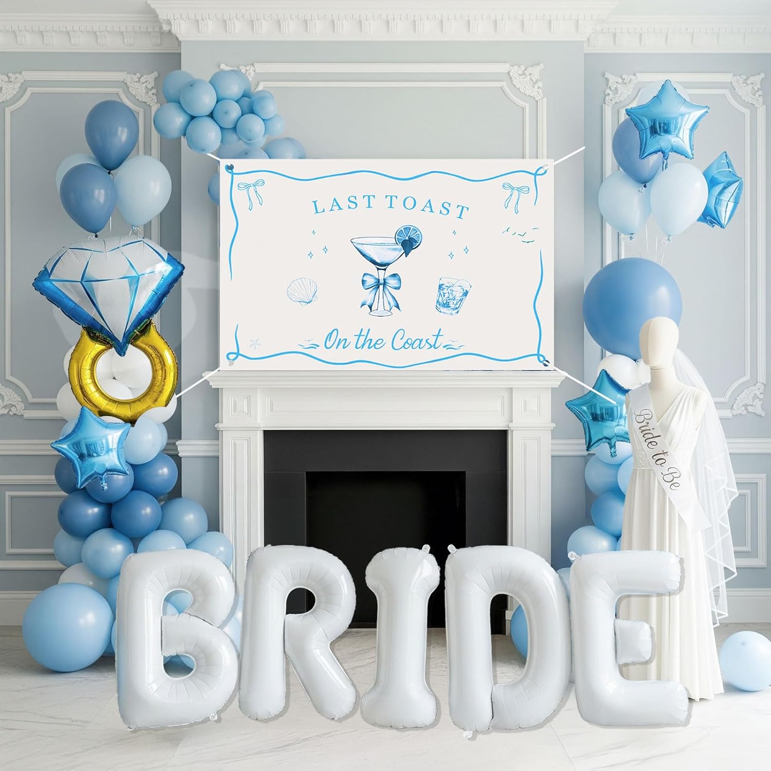 Last Toast on the Coast Bachelorette Decorations Blue bridal shower Blue Balloon Garland Kit with Backdrop Huge 40 inch BRIDE letter Diamond Ring balloons for Hen Party Wedding Engagement supplies