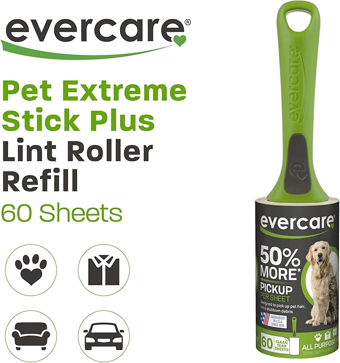 Evercare Giant Extreme Stick Lint Roller Brushes with 60 Easy-Peel Sheets, Pack of 5 Refillable Lint Rollers for Hair and Debris (300 Sheets Total)-PawvioPets