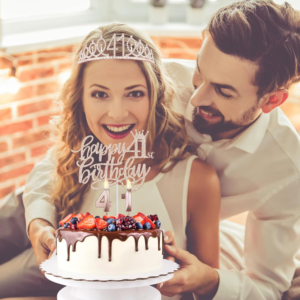 41 Birthday Decorations for Women Including Birthday Sash, Crown/Tiara, Numeral Candles and Cake Topper, 41 Year Old Gifts for Women, Rosegold Party Decor and Supplies