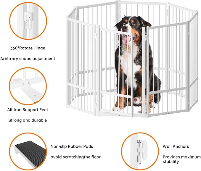 Full Metal Freestanding Dog Gate with Door, 32''Height Foldable Pet Dog Fence for Indoor & Outdoor, 8 Panels Extra Wide Free Standing TallDog Gates for Doorways,House,Stairs,Porch,Deck,Yard-PawvioPets