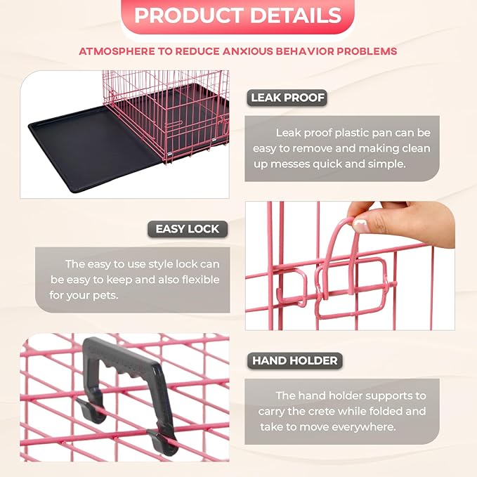FDW Dog Crate for Small Dogs 24 Inch Folding Metal WirePet Cage Double Door W/Divider Panel Indoor Outdoor Kennel Leak-Proof Plastic Tray,Pink-PawvioPets