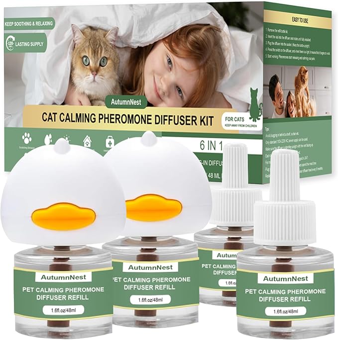 Cat Calming Pheromone Diffuser Set, Pet Calming Plug-in Kit (2 Diffusers + 4 Refills), Reduces Cat Stress, Aggression, Fighting, Marking, Meowing, Travel, Vet Visit Anxiety, 120 Days, Non-Toxic, Safe-PawvioPets
