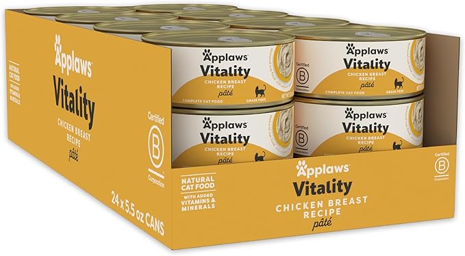 Applaws Vitality Wet Cat Food Paté, Natural Canned Cat Food, Wet Food for Cats with Added Vitamins and Minerals, Grain Free, Carrageenan Free, Chicken Breast (24 Count, 5.5oz Cans)-PawvioPets