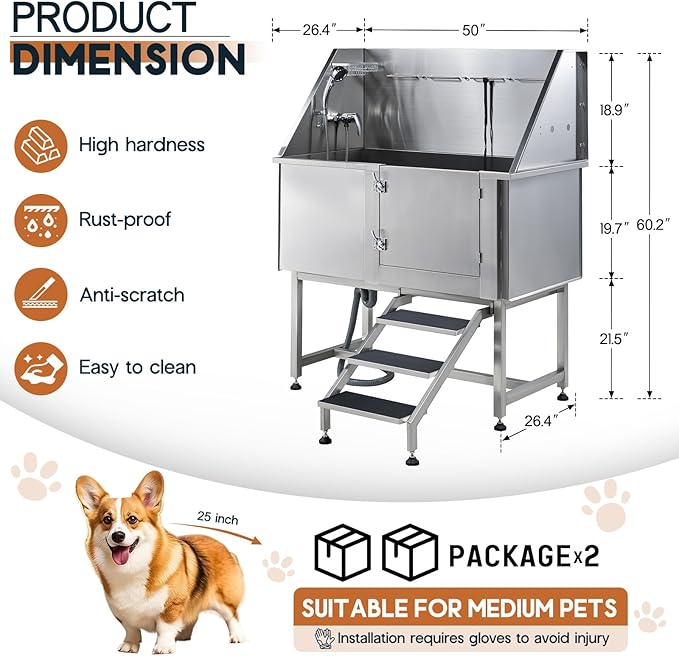 Albott 50 Inch Stainless Steel Dog Washing Station with Non-Slip Steps, Sprayer, Faucet, Soap Box – Professional Pet Bathtub for Small and Medium Pets, Use at Home, Garage, or Grooming (Right Door)-PawvioPets