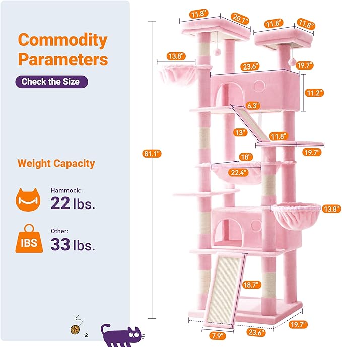 Allewie 81 Inches Tall Cat Tree/Multi-Level Large Climbing Tree House and Towers for Big Feline/Condo and Hammock/Scratching Post/Wide Base/Pink-PawvioPets