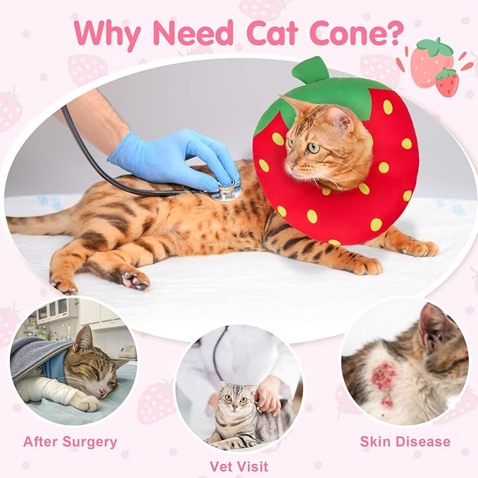 BEAUTYZOO Cat Cone Collars Soft, Cat Recovery E Collars After Surgery to Stop Licking, Adjustable Elizabeth Circle Collar Cute Pet Donut Pillow for Cats Kitten Small Dogs,Strawberry S-PawvioPets
