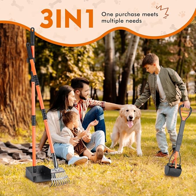 28" Pooper Scooper and 38" Heavy Duty Stainless Steel Rake & Tray Set, 3 in 1 Portable Dog Pooper Scooper Set for Large Medium Small Dogs in Grass, Dirt or Gravel-PawvioPets