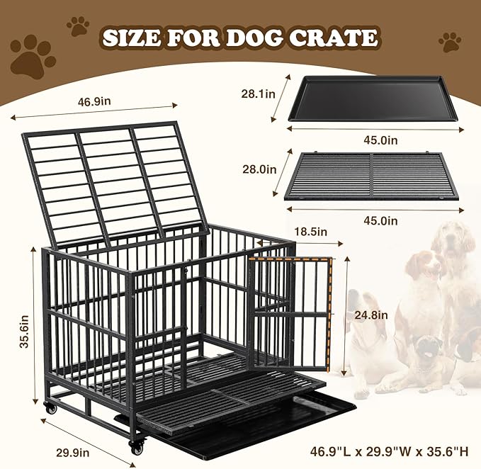 Dog Crate with Removable Tray, 37/42/46 Inch Indestructible and Escape Proof Steel Dog Cage Kennel for High Anxiety Dogs, Heavy Duty Dog Crate with Wheels, Double Door, Extra Large XL XXL-PawvioPets