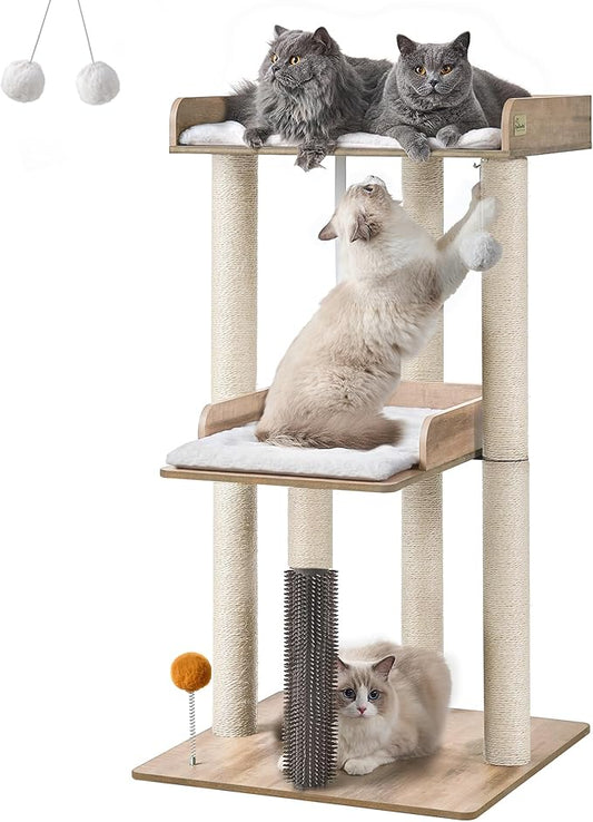 FourFurPets 43.7" Cat Tree, Modern Cat Tree Tower, Cat Tower for Indoor Cats Large Adult, Cat Condo with Scratching Post, Large Perch and Removable Pads, Greige-PawvioPets