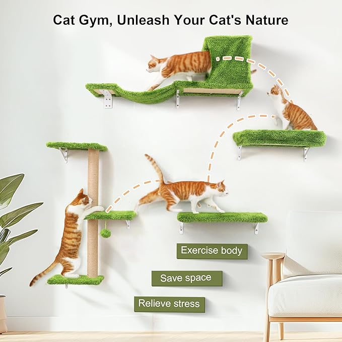 FUKUMARU Cat Wall Shelves, Stable & Safe 4 in 1 Cat Furniture Set, Wooden Climbing Wall with Scratching Post, Bridge and Bed, Stylish Jungle Gym for 16 Inch Drywall - Green-PawvioPets