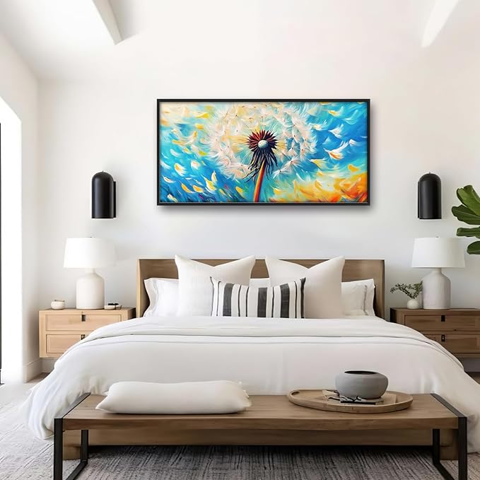 Extra Large Abstract Dandelion Framed Wall Art for Living Room,Oversized Colorful Dandelion Flower Pictures Wall Decor,Blue Canvas Print Painting Modern Artwork Bedroom Office Bathroom 60L" x 30W"-PawvioPets
