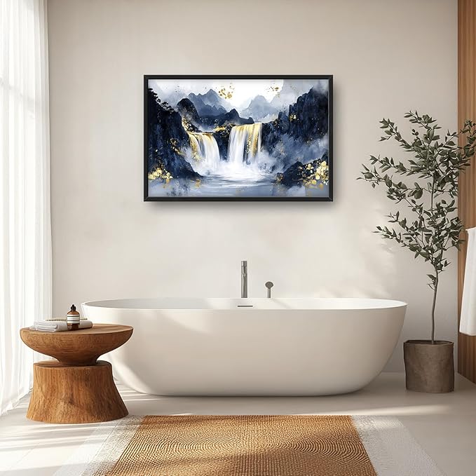 Extra Large Abstract Golden Waterfall Framed Wall Art for Living Room,Oversized Foggy Mountain Pictures Wall Decor,Canvas Print Painting Modern Artwork Bedroom Office Bathroom 36L" x 24W"-PawvioPets