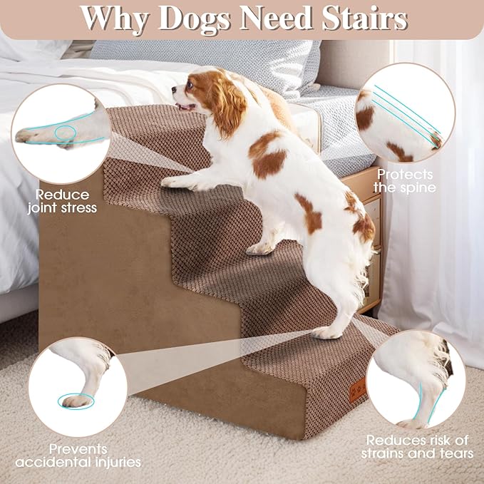 GGIB Dog Stairs for Small Dogs Cats Non-Slip Dog Steps for High Bed Pet Stairs for Sofa Couch Pet Ramp Pet Steps with Removable Washable Cover, Brown, 17" H, 4-Step-PawvioPets