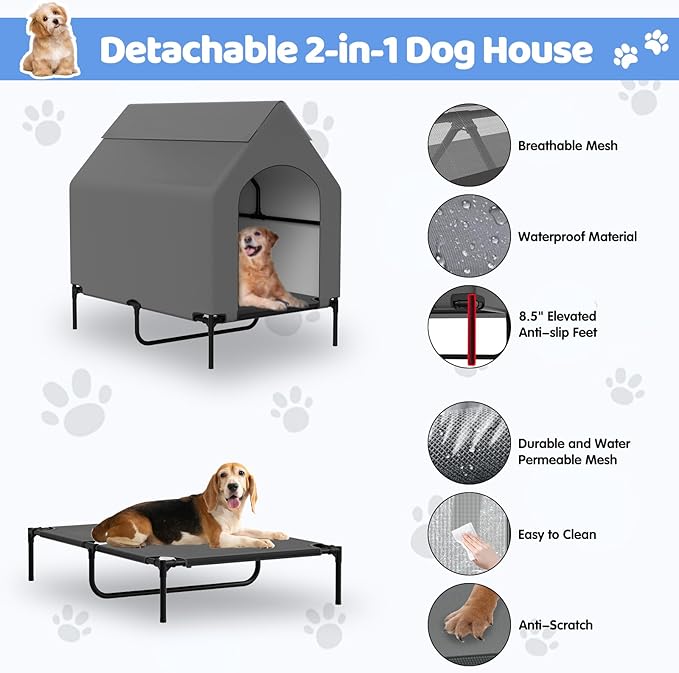48” Extra Large Dog House-2-in-1 Extra Large Dog House with 8.5” Elevated Dog Bed-Weatherproof Waterproof Outdoor Dog House,Easy to Clean-PawvioPets