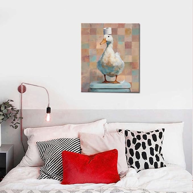 Funny Duck Bathroom Wall Art Cute Duck on Toilet Canvas Wall Decor Funny Quirky Farm Animal Pictures Painting Print Framed Artwork Decorations Gifts for Bathroom 20"x24"-PawvioPets
