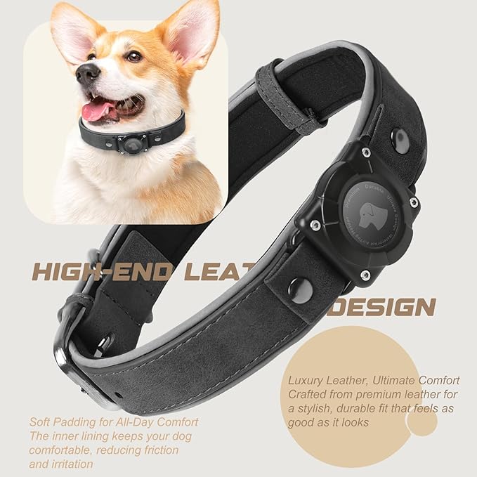 AirTag Dog Collar - Leather Dog Collar with Air Tag Holder | IPX8 Waterproof, Reflective, High - End, Adjustable Soft Padded | Dog GPS Tracker Collars Fit for Medium Large Dogs (Black, XL)-PawvioPets