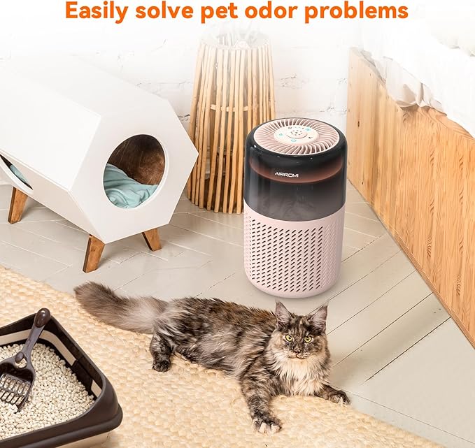 AIRROMI Air Purifier for Bedroom Home,HEPA Filter,Covers Upto 549 Ft²,Quiet 360°intake Air Cleaner with Fragrance ponge for Better Sleep,Night Light,Filters Smoke,Pet Dander,Allergies,Dust,A2005 Beige-PawvioPets