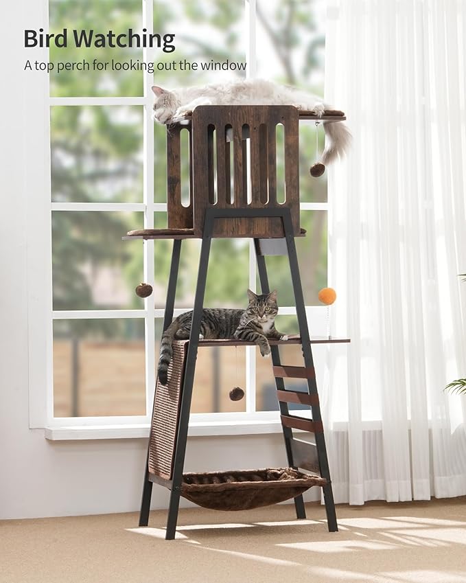 FourFurPets Modern Cat Tree, 58-Inch Cat Tower for Large Cats, Maine Coon Cat Tree with Scratching Board, Large Perch, Hammock and Removable Pads, Rustic Brown-PawvioPets