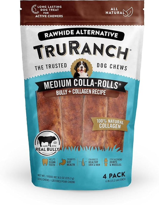 Collagen Rolls - 6" Collagen Rolls for Dogs - Long Lasting Healthy Joint Support Dog Treat - Rawhide Alternative - Skin & Coat Health - Made with Real Bully, 1 Bag, 4 Count-PawvioPets