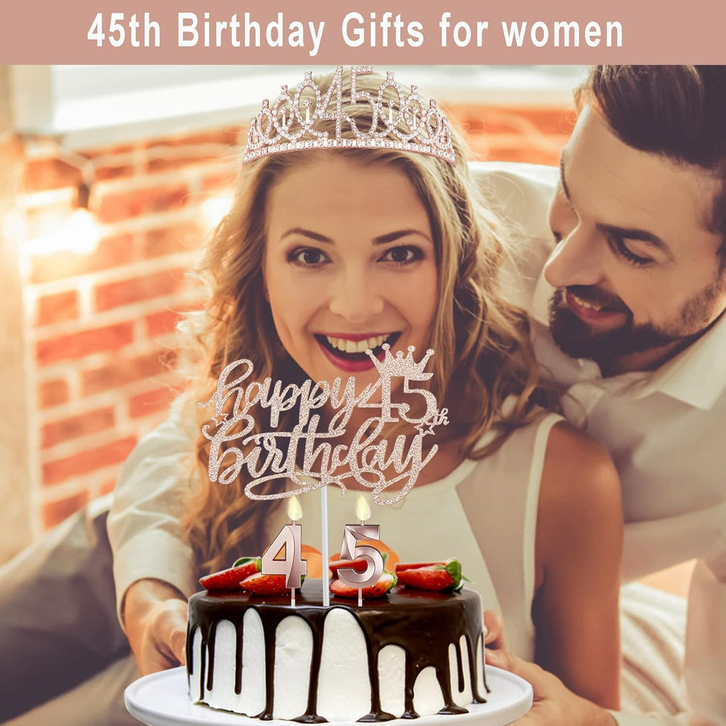 45 Birthday Decorations for Women Including Birthday Sash and Tiara, Cake Topper and Candles, 45 Year Old Gifts for Women, Rose Gold Party Decor Supplies