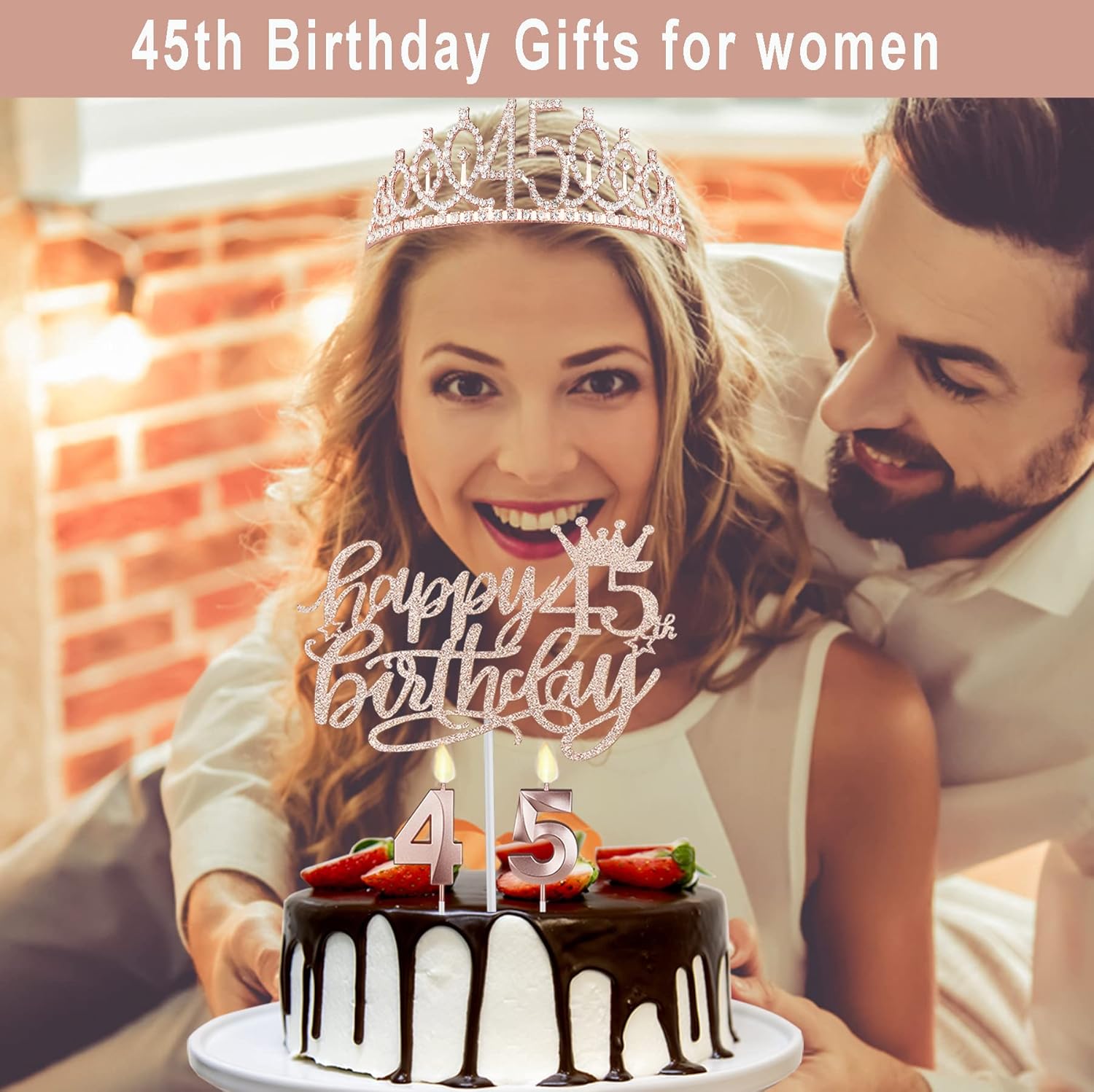45 Birthday Decorations for Women Including Birthday Sash and Tiara, Cake Topper and Candles, 45 Year Old Gifts for Women, Rose Gold Party Decor Supplies