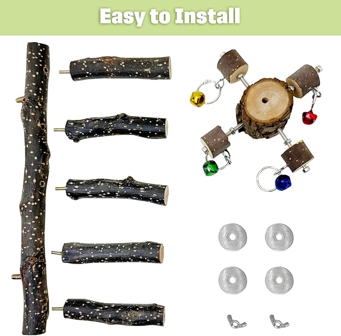 BNOSDM Natural Wood Bird Ladder Perch with Rotating Bell Toys-Exercise Stands for Parrot Climbing Chewing Parakeet Bridge Cage Accessories for Cockatiel, Conures, Lovebirds, Budgie-PawvioPets