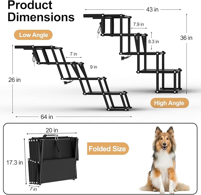 Extra Wide Dog Stairs for Large Dogs, Foldable Dog Ramp for Car with Non-Slip Surface, Lightweight Dog Stairs for Cars, Dog Steps for Cars, SUV, High Beds, Truck, Supports up to 250 lbs, 4 Steps-PawvioPets