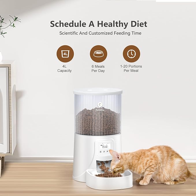 Automatic Cat Feeder: 4L Timed Cats Food Dispenser Programmable 1-6 Meal for Cat and Small Medium Dog- Auto Pet Feeder Dual Power Supply with Desiccant Bag& | Easy to Clean White-PawvioPets