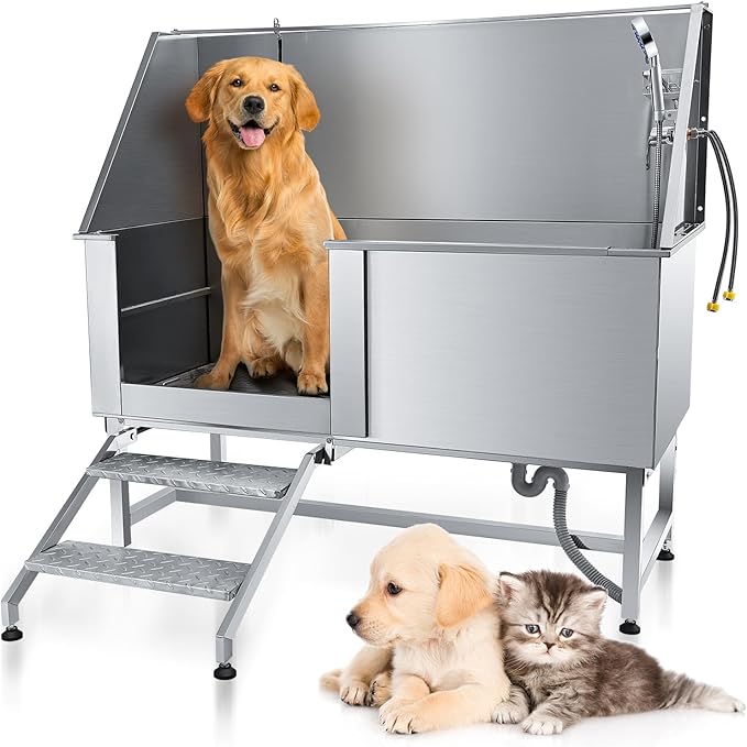Dog Grooming Tub 62'' Dog Bathtub XL-Style Pet Bathing Tub Stainless Steel Dog Wash Station for Large Dogs Home Commercial with Faucet, Sliding Door-PawvioPets