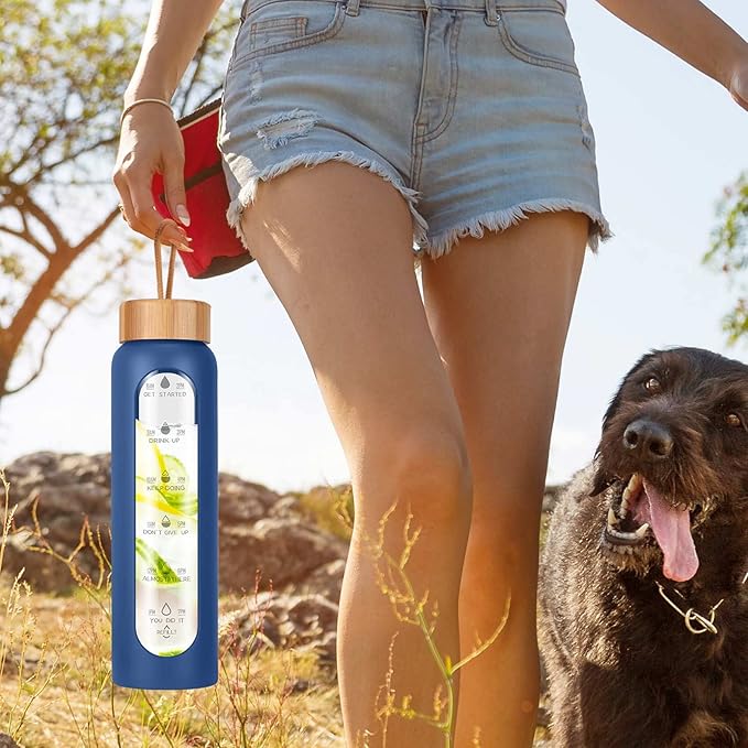 Aqulea Glass Water Bottles 25 Oz with Silicone Sleeve - BPA Free Reusable Wide Mouth Glass Motivational Water Bottles with Fruit Infuser – Leak Proof Borosilicate Water Bottle with Time Marker (Blue)-PawvioPets