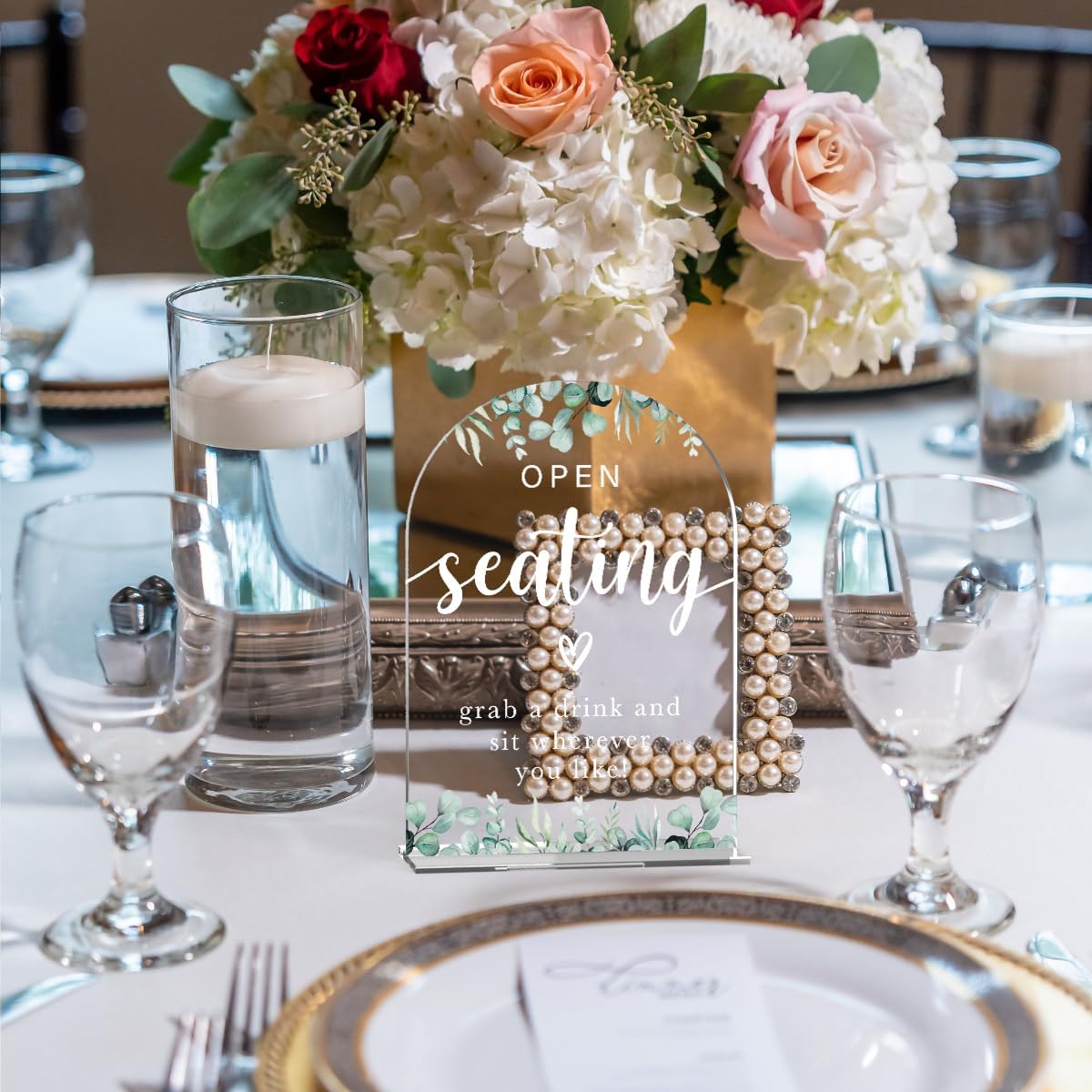 Acrylic Wedding Sign Open Seating Signs for Ceremony Modern Calligraphy Arch Acrylic Table Top Signs for Wedding Reception and Event Party Table Decor (Eucalyptus Leaves)