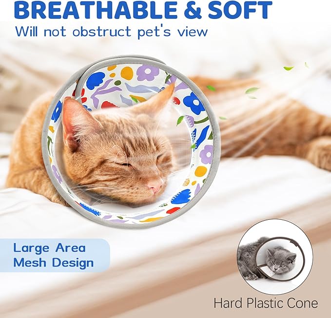 Breathable Air Mesh Cat Cone Collar Soft to Stop Licking, Adjustable, Foldable Lightweight Kitten Cones After Surgery Recovery for Cats & Kittens (Flower,S)-PawvioPets