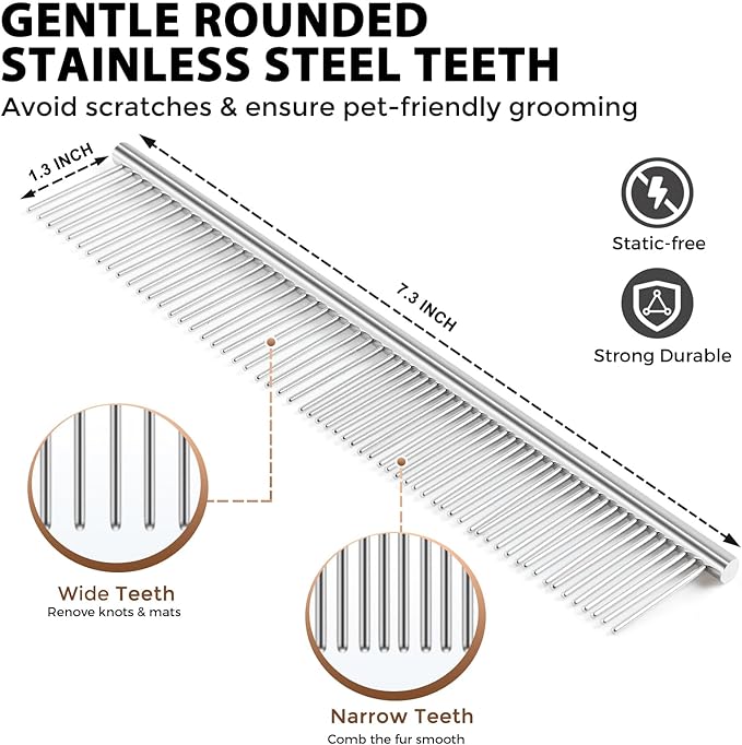 Dog Slicker Brush for Shedding and Grooming Medium or Long Haired Cats, Extra Long & Soft Pin Slicker Brush for Removes Loose Hair, Tangles, Knots, Undercoat, Free Pet Comb, Large, Oak-PawvioPets